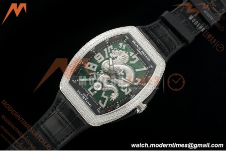 Franck Muller - Vanguard Yachting V45 Silver Dragon King Full Diamond Grn/Dia Black Leather Strap ABF A2824