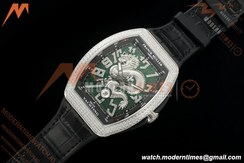 Franck Muller - Vanguard Yachting V45 Silver Dragon King Full Diamond Grn/Dia Black Leather Strap ABF A2824 | 프랭크 뮬러 - 뱅가드 요팅 V45 실버 드래곤 킹 풀 다이아몬드 그린/다이아몬드 블랙 가죽 스트랩 ABF A2824