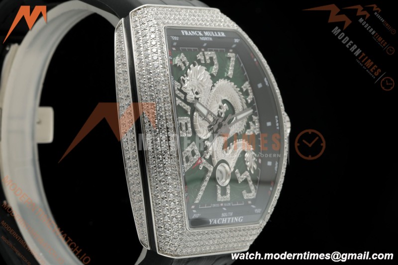 Franck Muller - Vanguard Yachting V45 Silver Dragon King Full Diamond Grn/Dia Black Leather Strap ABF A2824 | 프랭크 뮬러 - 뱅가드 요팅 V45 실버 드래곤 킹 풀 다이아몬드 그린/다이아몬드 블랙 가죽 스트랩 ABF A2824
