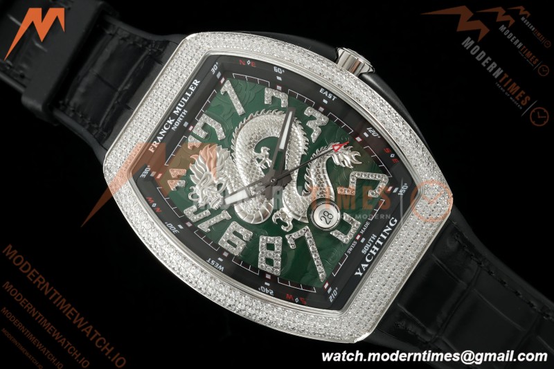 Franck Muller - Vanguard Yachting V45 Silver Dragon King Full Diamond Grn/Dia Black Leather Strap ABF A2824 | 프랭크 뮬러 - 뱅가드 요팅 V45 실버 드래곤 킹 풀 다이아몬드 그린/다이아몬드 블랙 가죽 스트랩 ABF A2824