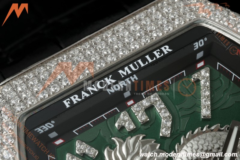 Franck Muller - Vanguard Yachting V45 Silver Dragon King Full Diamond Grn/Dia Black Leather Strap ABF A2824 | 프랭크 뮬러 - 뱅가드 요팅 V45 실버 드래곤 킹 풀 다이아몬드 그린/다이아몬드 블랙 가죽 스트랩 ABF A2824