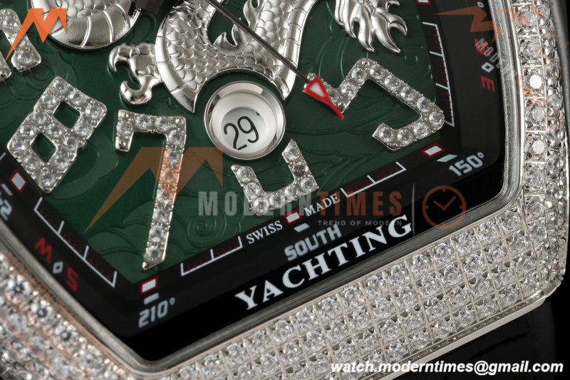 Franck Muller - Vanguard Yachting V45 Silver Dragon King Full Diamond Grn/Dia Black Leather Strap ABF A2824 | 프랭크 뮬러 - 뱅가드 요팅 V45 실버 드래곤 킹 풀 다이아몬드 그린/다이아몬드 블랙 가죽 스트랩 ABF A2824