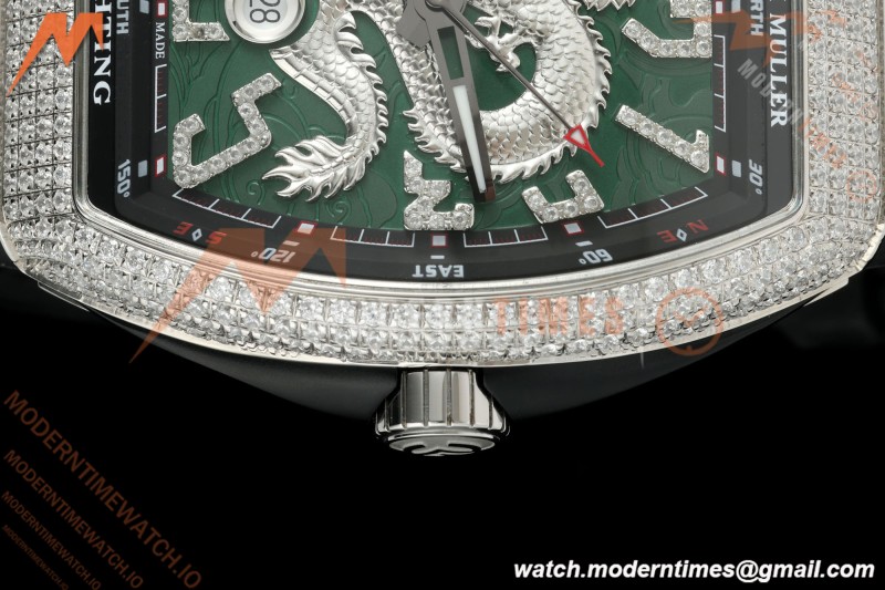 Franck Muller - Vanguard Yachting V45 Silver Dragon King Full Diamond Grn/Dia Black Leather Strap ABF A2824 | 프랭크 뮬러 - 뱅가드 요팅 V45 실버 드래곤 킹 풀 다이아몬드 그린/다이아몬드 블랙 가죽 스트랩 ABF A2824