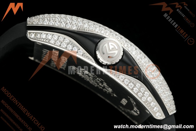 Franck Muller - Vanguard Yachting V45 Silver Dragon King Full Diamond Grn/Dia Black Leather Strap ABF A2824 | 프랭크 뮬러 - 뱅가드 요팅 V45 실버 드래곤 킹 풀 다이아몬드 그린/다이아몬드 블랙 가죽 스트랩 ABF A2824