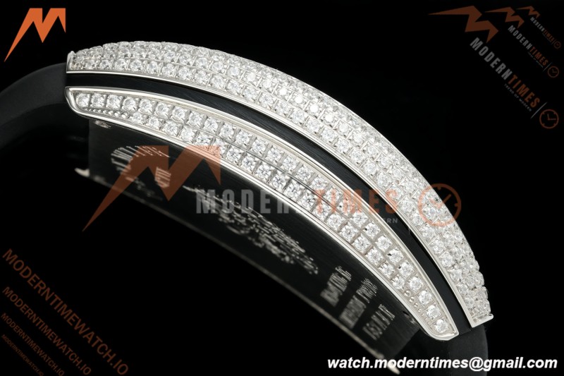 Franck Muller - Vanguard Yachting V45 Silver Dragon King Full Diamond Grn/Dia Black Leather Strap ABF A2824 | 프랭크 뮬러 - 뱅가드 요팅 V45 실버 드래곤 킹 풀 다이아몬드 그린/다이아몬드 블랙 가죽 스트랩 ABF A2824