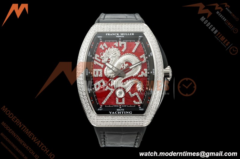 Franck Muller - Vanguard Yachting V45 Silver Dragon King Full Diamond Red/Dia Black Leather Strap ABF A2824 | 프랭크 뮬러 - 뱅가드 요팅 V45 실버 드래곤 킹 풀 다이아몬드 레드/다이아몬드 블랙 가죽 스트랩 ABF A2824