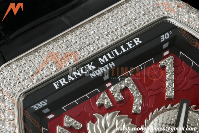 Franck Muller - Vanguard Yachting V45 Silver Dragon King Full Diamond Red/Dia Black Leather Strap ABF A2824 | 프랭크 뮬러 - 뱅가드 요팅 V45 실버 드래곤 킹 풀 다이아몬드 레드/다이아몬드 블랙 가죽 스트랩 ABF A2824