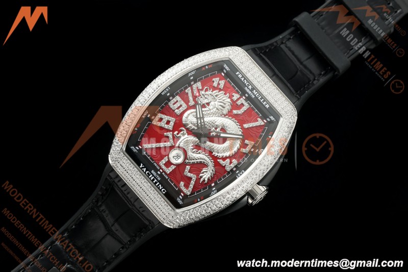 Franck Muller - Vanguard Yachting V45 Silver Dragon King Full Diamond Red/Dia Black Leather Strap ABF A2824 | 프랭크 뮬러 - 뱅가드 요팅 V45 실버 드래곤 킹 풀 다이아몬드 레드/다이아몬드 블랙 가죽 스트랩 ABF A2824
