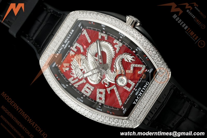 Franck Muller - Vanguard Yachting V45 Silver Dragon King Full Diamond Red/Dia Black Leather Strap ABF A2824 | 프랭크 뮬러 - 뱅가드 요팅 V45 실버 드래곤 킹 풀 다이아몬드 레드/다이아몬드 블랙 가죽 스트랩 ABF A2824