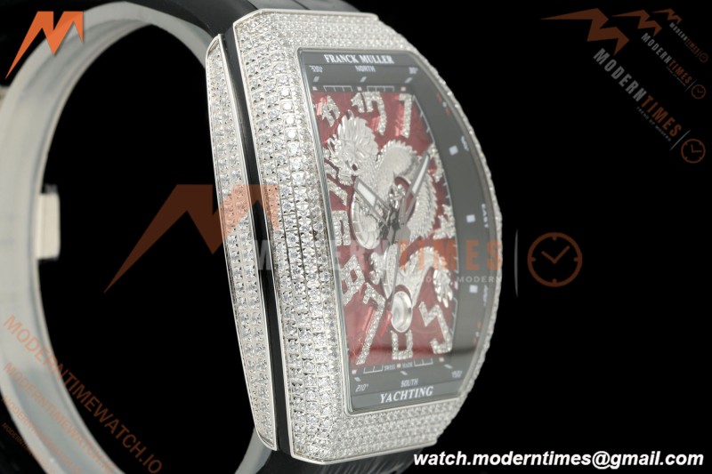 Franck Muller - Vanguard Yachting V45 Silver Dragon King Full Diamond Red/Dia Black Leather Strap ABF A2824 | 프랭크 뮬러 - 뱅가드 요팅 V45 실버 드래곤 킹 풀 다이아몬드 레드/다이아몬드 블랙 가죽 스트랩 ABF A2824