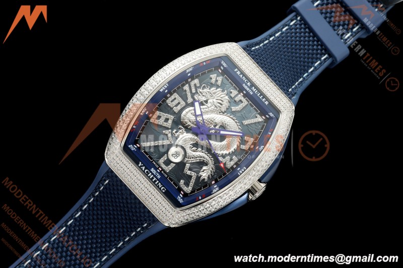 Franck Muller - Vanguard Yachting V45 Silver Dragon King Full Diamond Blu/Dia Blue Nylon Strap ABF A2824 | 프랭크 뮬러 - 뱅가드 요팅 V45 실버 드래곤 킹 풀 다이아몬드 블루/다이아몬드 블루 나일론 스트랩 ABF A2824