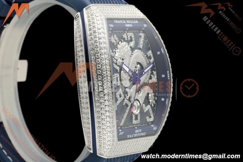 Franck Muller - Vanguard Yachting V45 Silver Dragon King Full Diamond Blu/Dia Blue Nylon Strap ABF A2824 | 프랭크 뮬러 - 뱅가드 요팅 V45 실버 드래곤 킹 풀 다이아몬드 블루/다이아몬드 블루 나일론 스트랩 ABF A2824