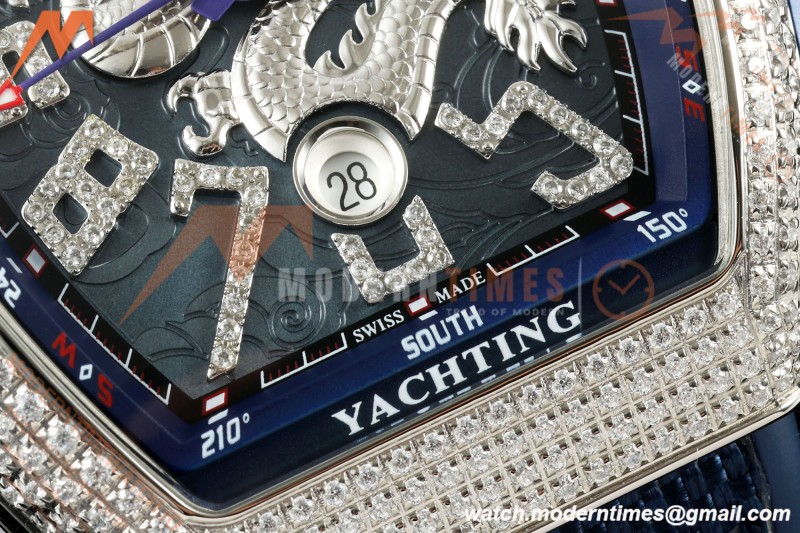 Franck Muller - Vanguard Yachting V45 Silver Dragon King Full Diamond Blu/Dia Blue Nylon Strap ABF A2824 | 프랭크 뮬러 - 뱅가드 요팅 V45 실버 드래곤 킹 풀 다이아몬드 블루/다이아몬드 블루 나일론 스트랩 ABF A2824