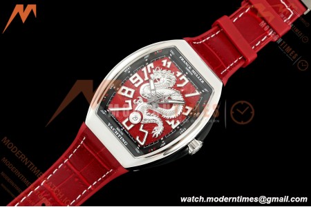 Franck Muller - Vanguard Yachting V45 Silver Dragon King Red/Num Red Leather Strap ABF A2824