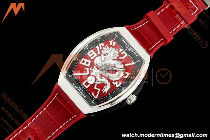 Franck Muller - Vanguard Yachting V45 Silver Dragon King Red/Num Red Leather Strap ABF A2824