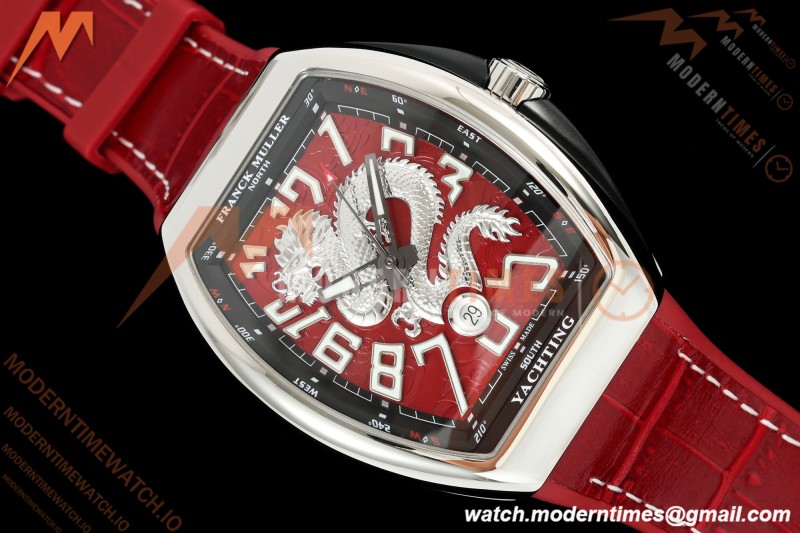Franck Muller - Vanguard Yachting V45 Silver Dragon King Red/Num Red Leather Strap ABF A2824