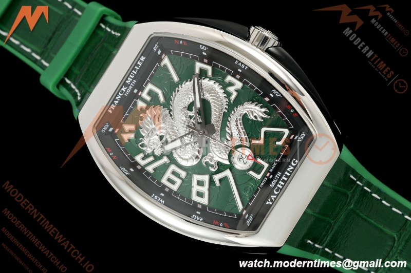 Franck Muller - Vanguard Yachting V45 Silver Dragon King Grn/Num Green Leather Strap ABF A2824