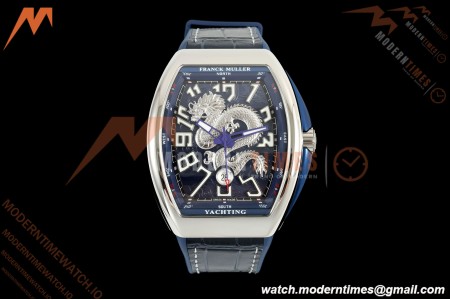 Franck Muller - Vanguard Yachting V45 Silver Dragon King Blu/Num Blue Leather Strap ABF A2824
