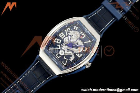 Franck Muller - Vanguard Yachting V45 Silver Dragon King Blu/Num Blue Leather Strap ABF A2824
