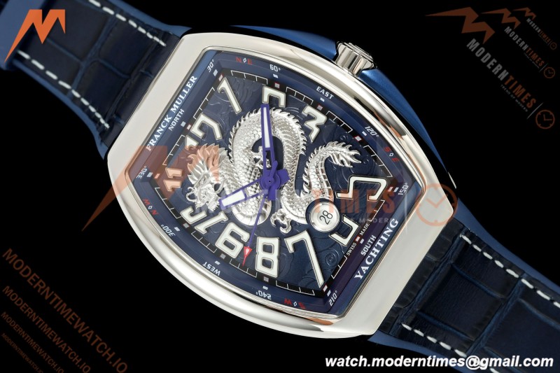 Franck Muller - Vanguard Yachting V45 Silver Dragon King Blu/Num Blue Leather Strap ABF A2824