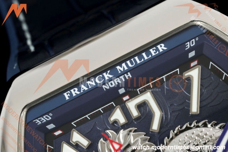 Franck Muller - Vanguard Yachting V45 Silver Dragon King Blu/Num Blue Leather Strap ABF A2824