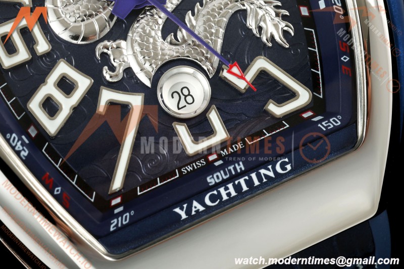 Franck Muller - Vanguard Yachting V45 Silver Dragon King Blu/Num Blue Leather Strap ABF A2824